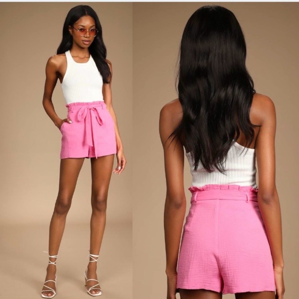 Lulus NWT Friendship Bright Pink Paperbag Waist Shorts, Size XS - Picture 2 of 15